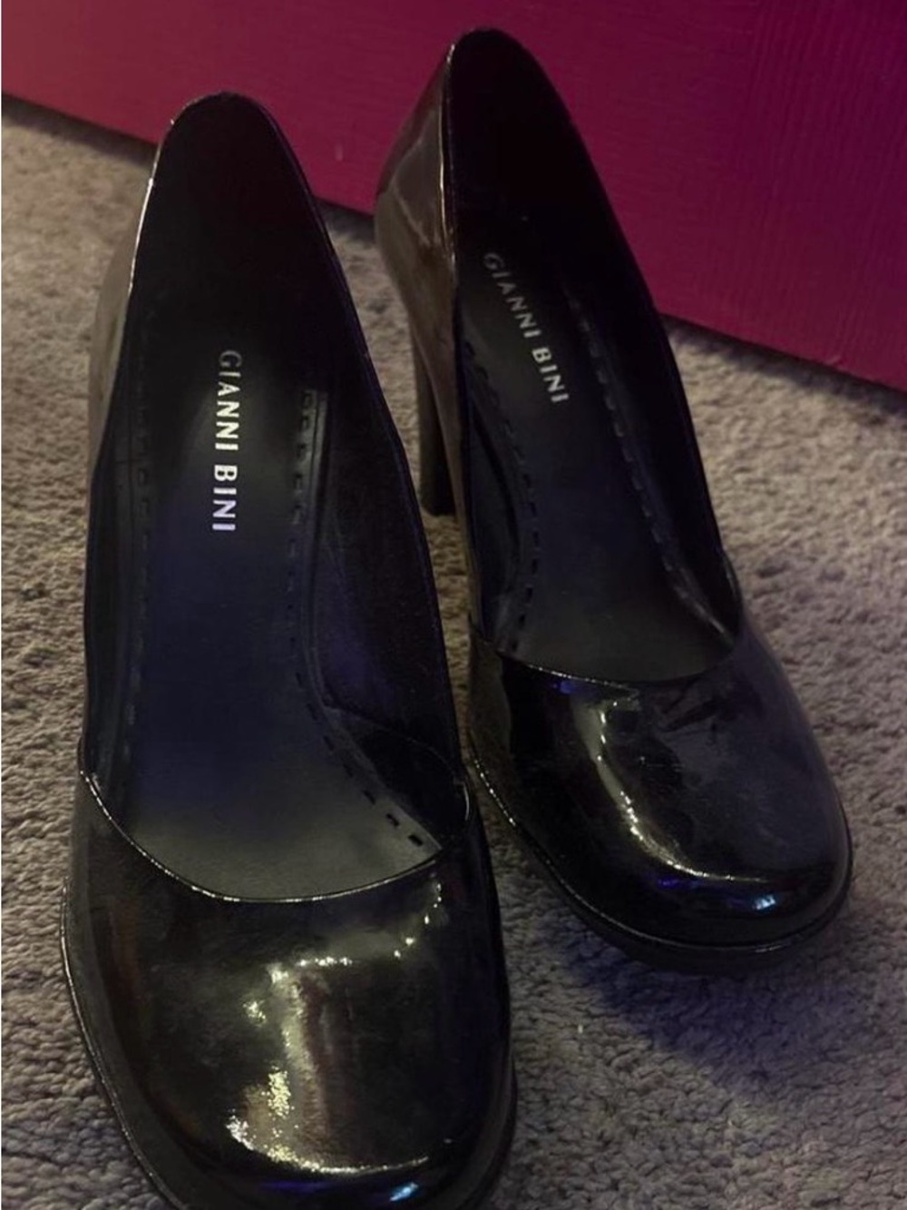 Gianni Bini Black Patent Round-Toe Pumps with Block Heel